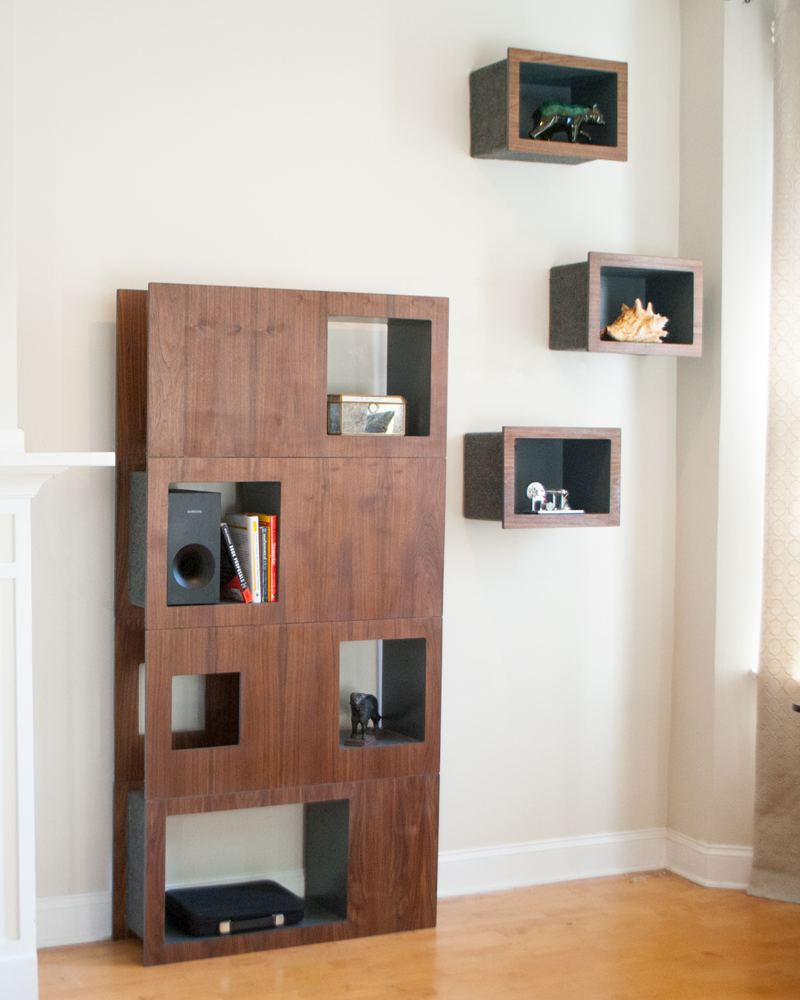 Walnut Cat Case with matching wall shelves