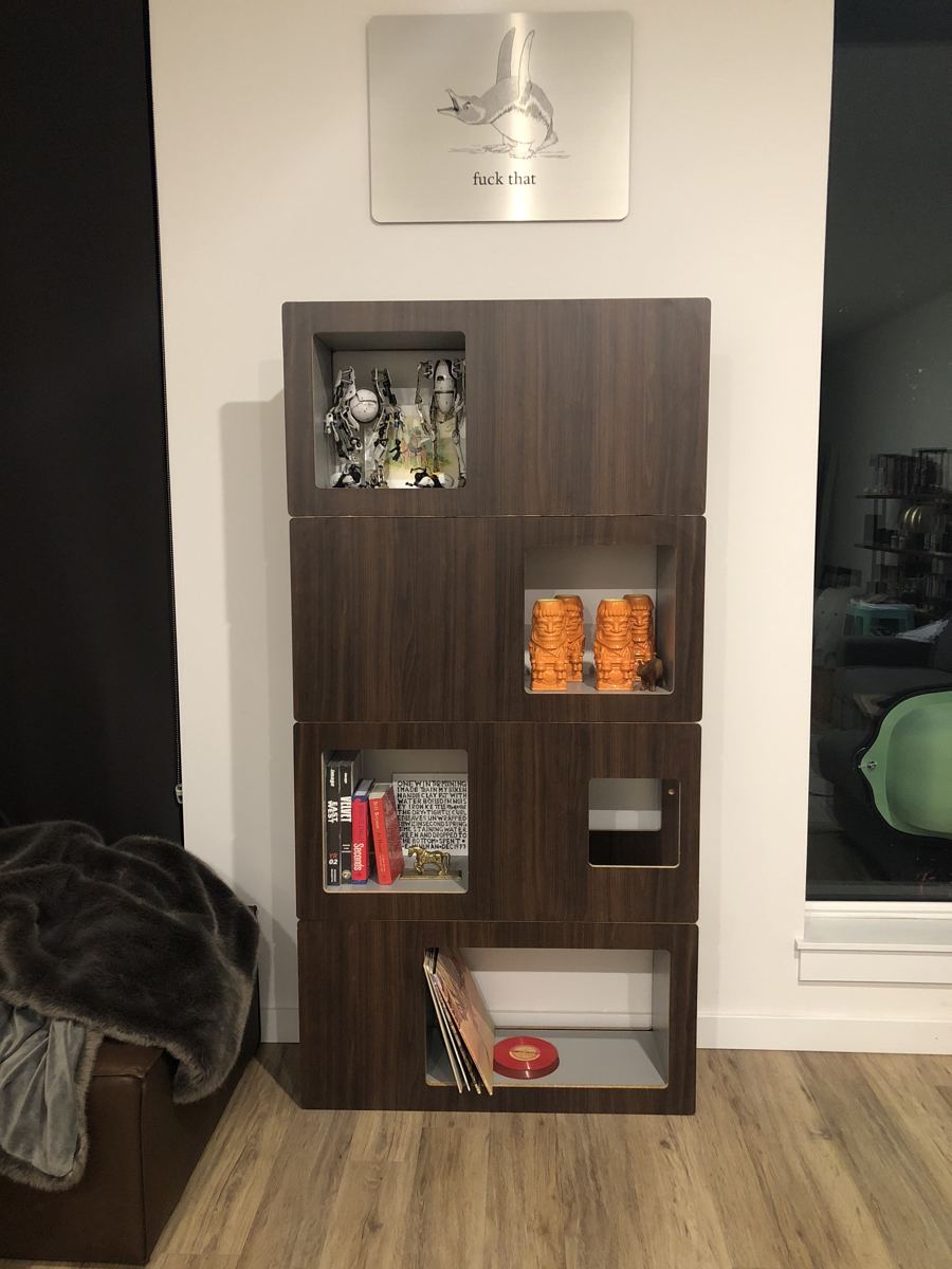 Dark walnut Cat Case with shelves styled with books and records